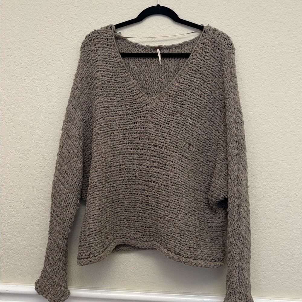 Free People Cozy Oversized Knit V-Neck Sweater - Brown/ grey